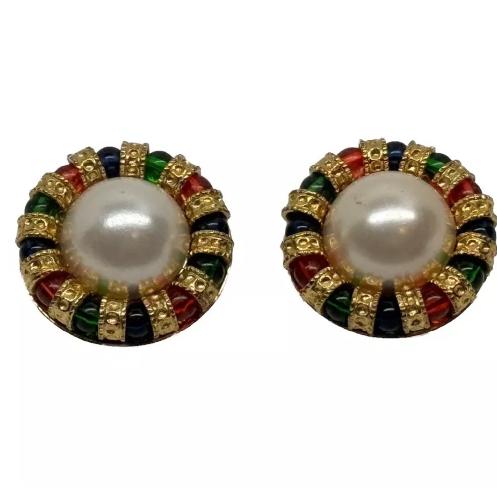 Landau Signed Clip On Earrings Faux Pearl and Enamel Vintage 80s